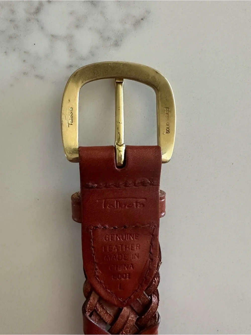 Vintage Talbots Braided Leather Belt Solid Brass Square Buckle Warm Brown Large